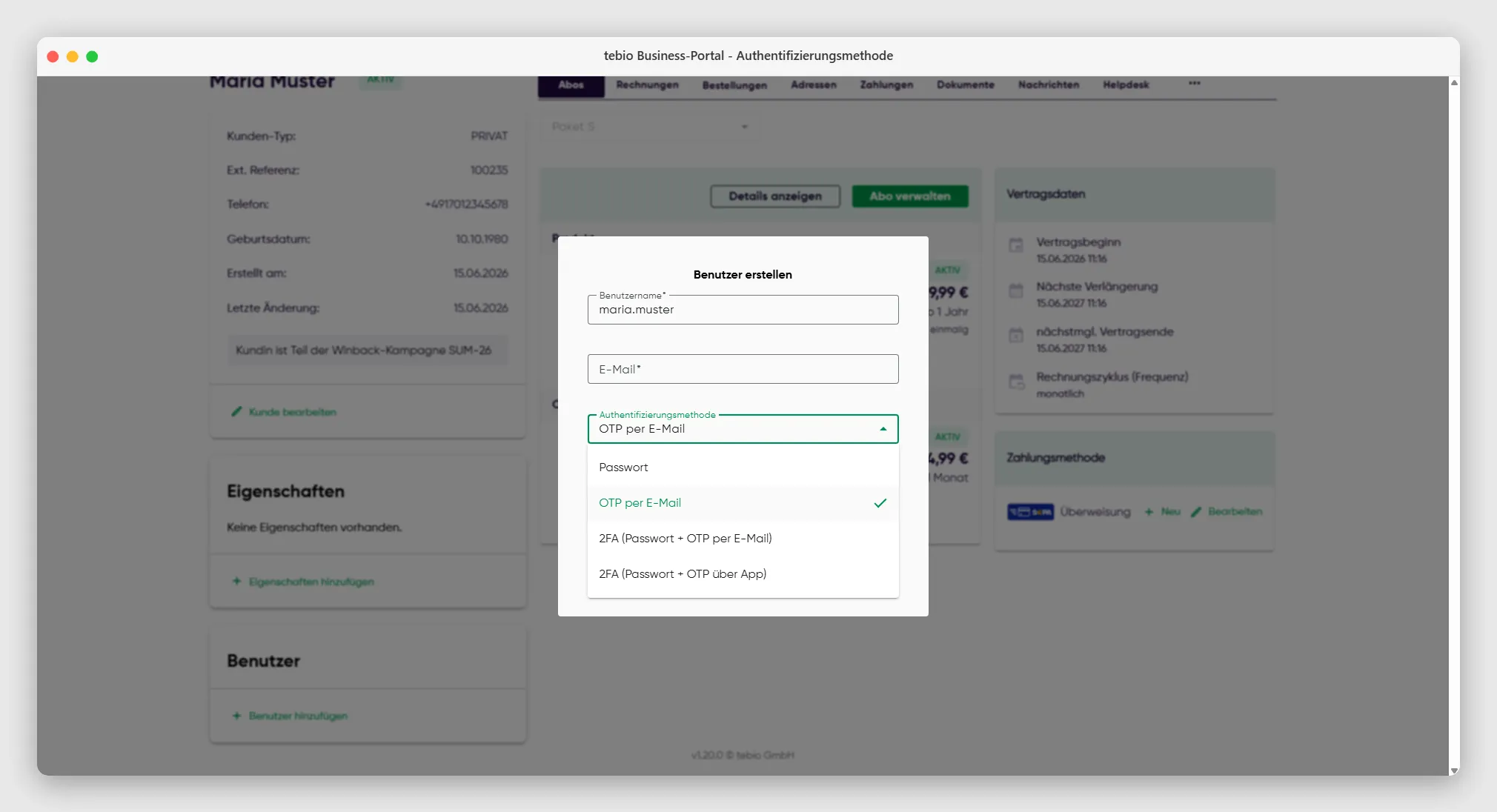 Dropdown-Menü zur Auswahl der Authentifizierungsmethode für neue Nutzer