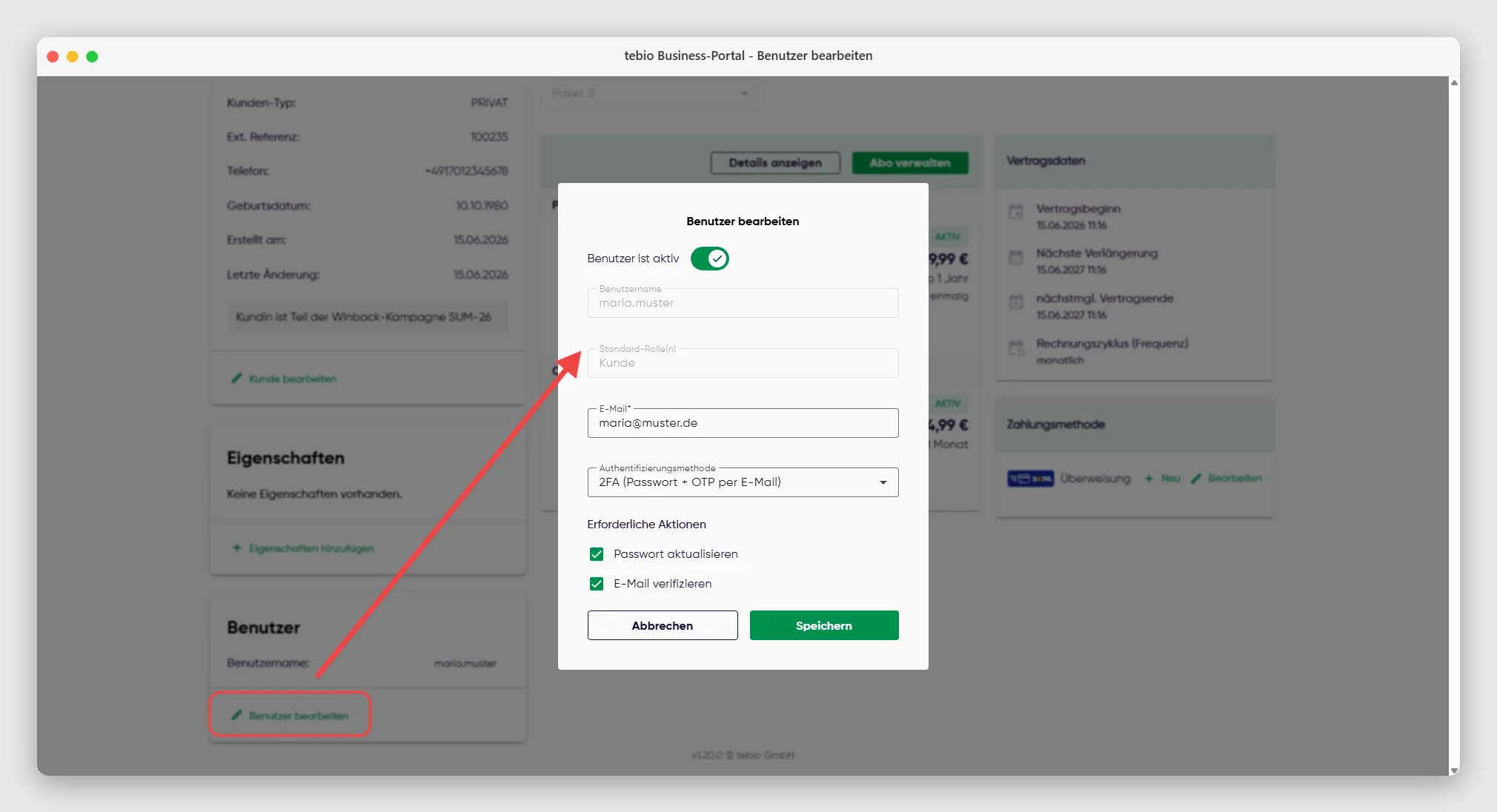 Dialogfenster zum Bearbeiten von Nutzerstammdaten in der Subscription-Plattform