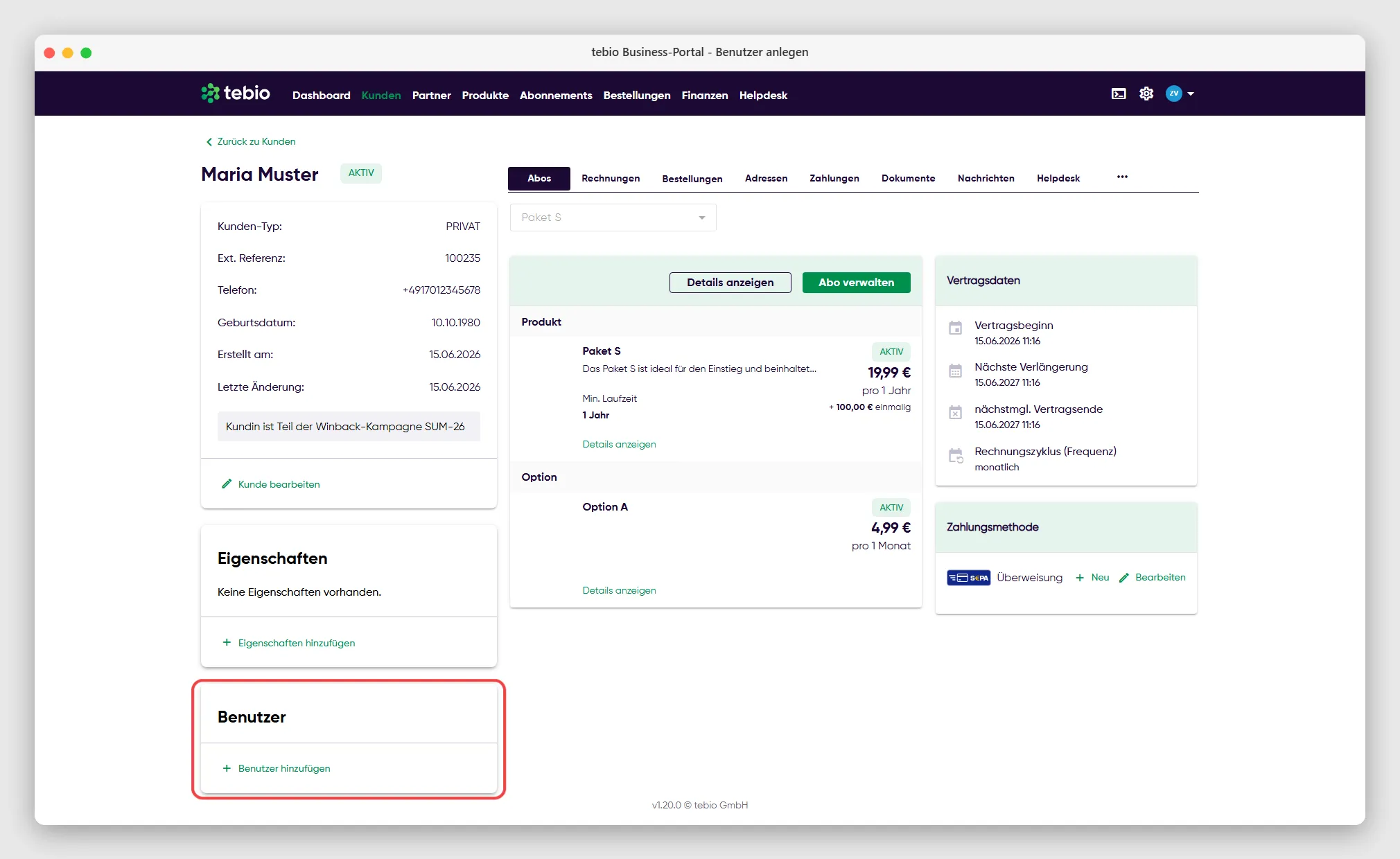 Kundenprofil Ansicht mit Fokus auf die Benutzerverwaltung im tebio Business-Portal