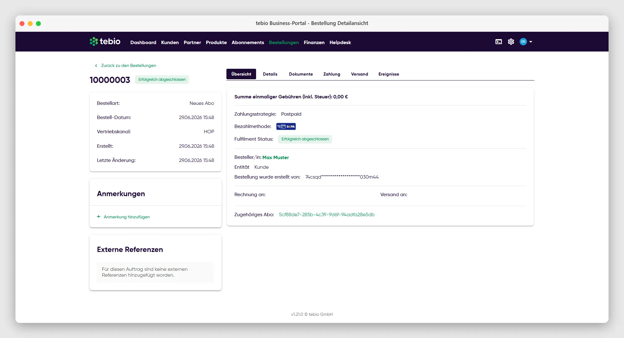 Details einer Bestellung im tebio Business-Portal