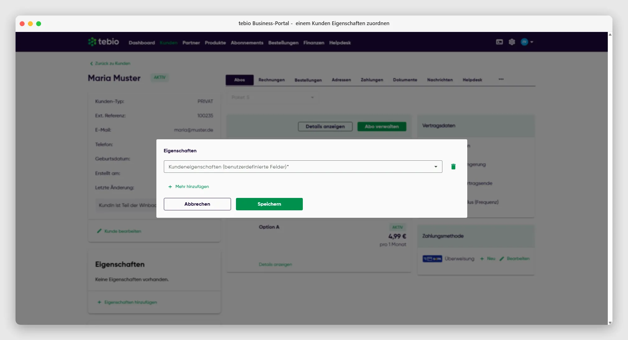 Dropdown zur Zuweisung einer Custom-Property in der tebio Abonnementverwaltung