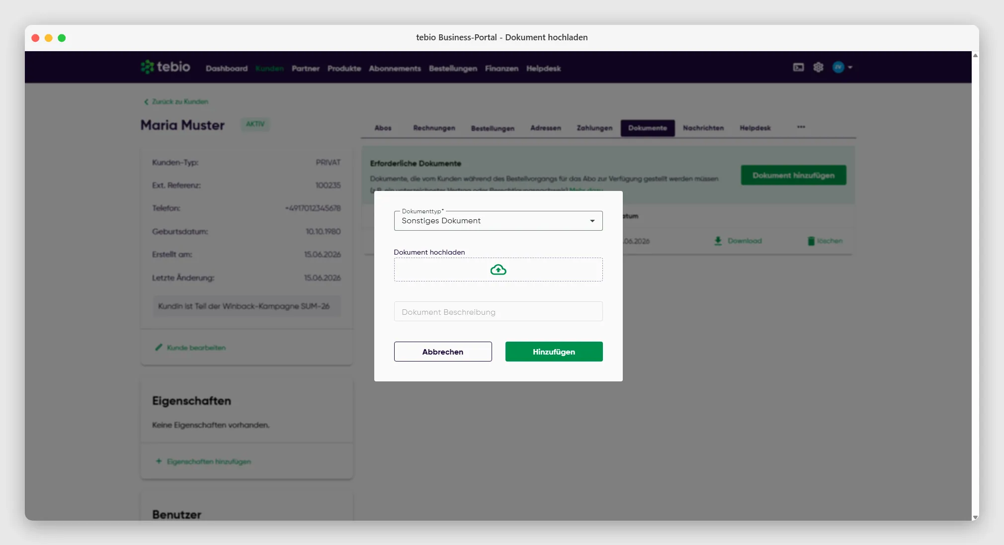 Dialogfenster zum Hochladen von Dokumenten im tebio Business-Portal