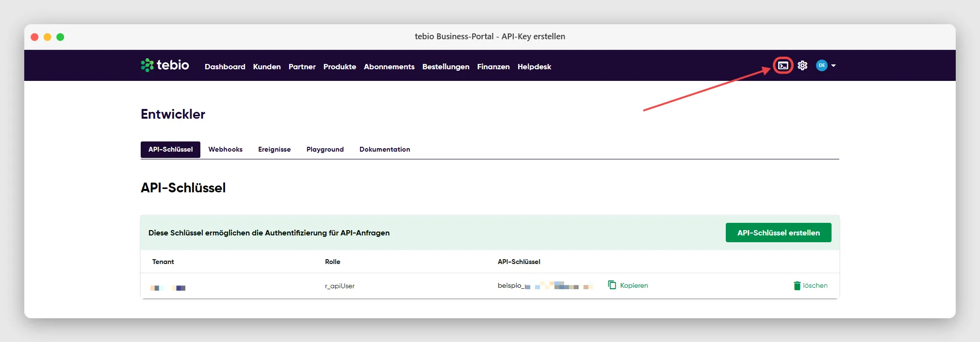 API-Key erstellen im tebio Business-Portal