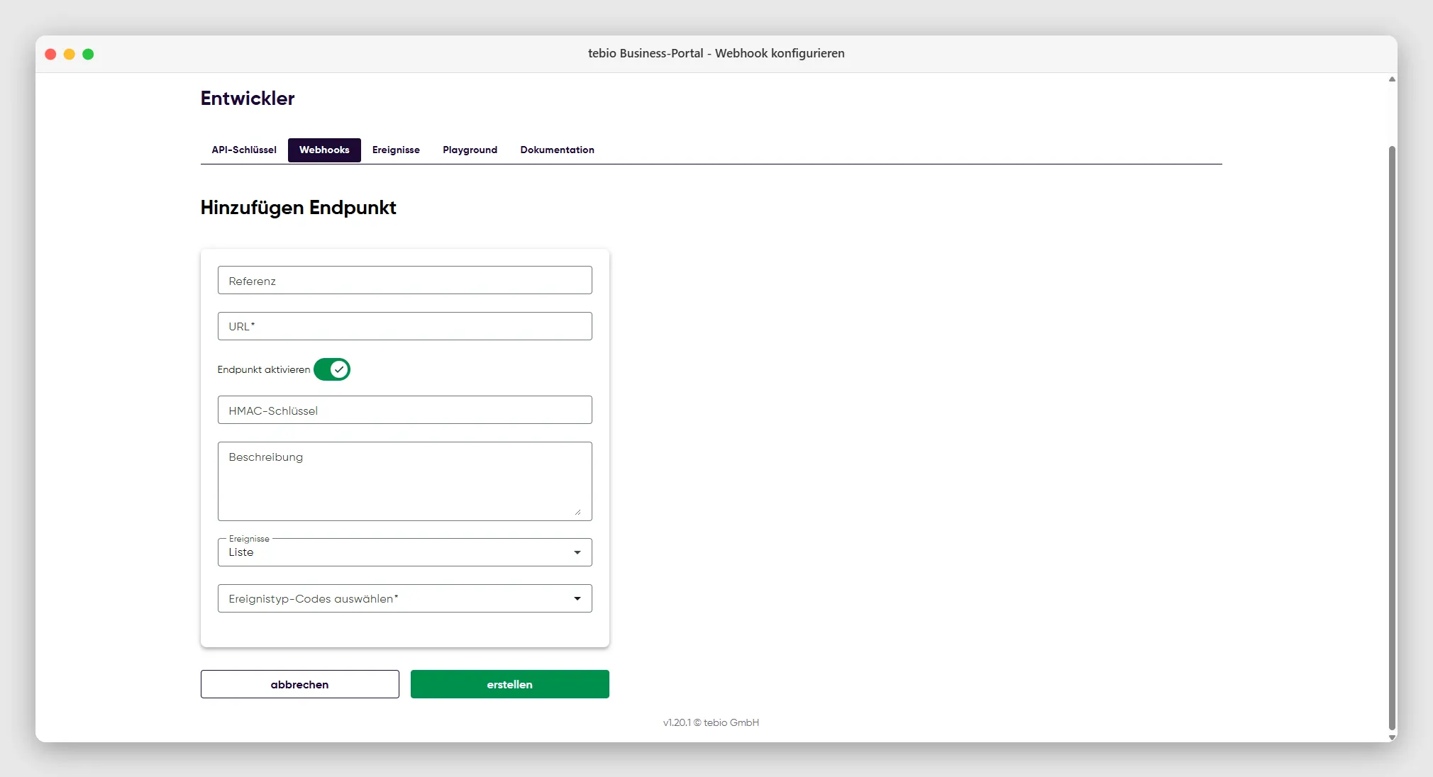Webhook konfigurieren im tebio Business-Portal