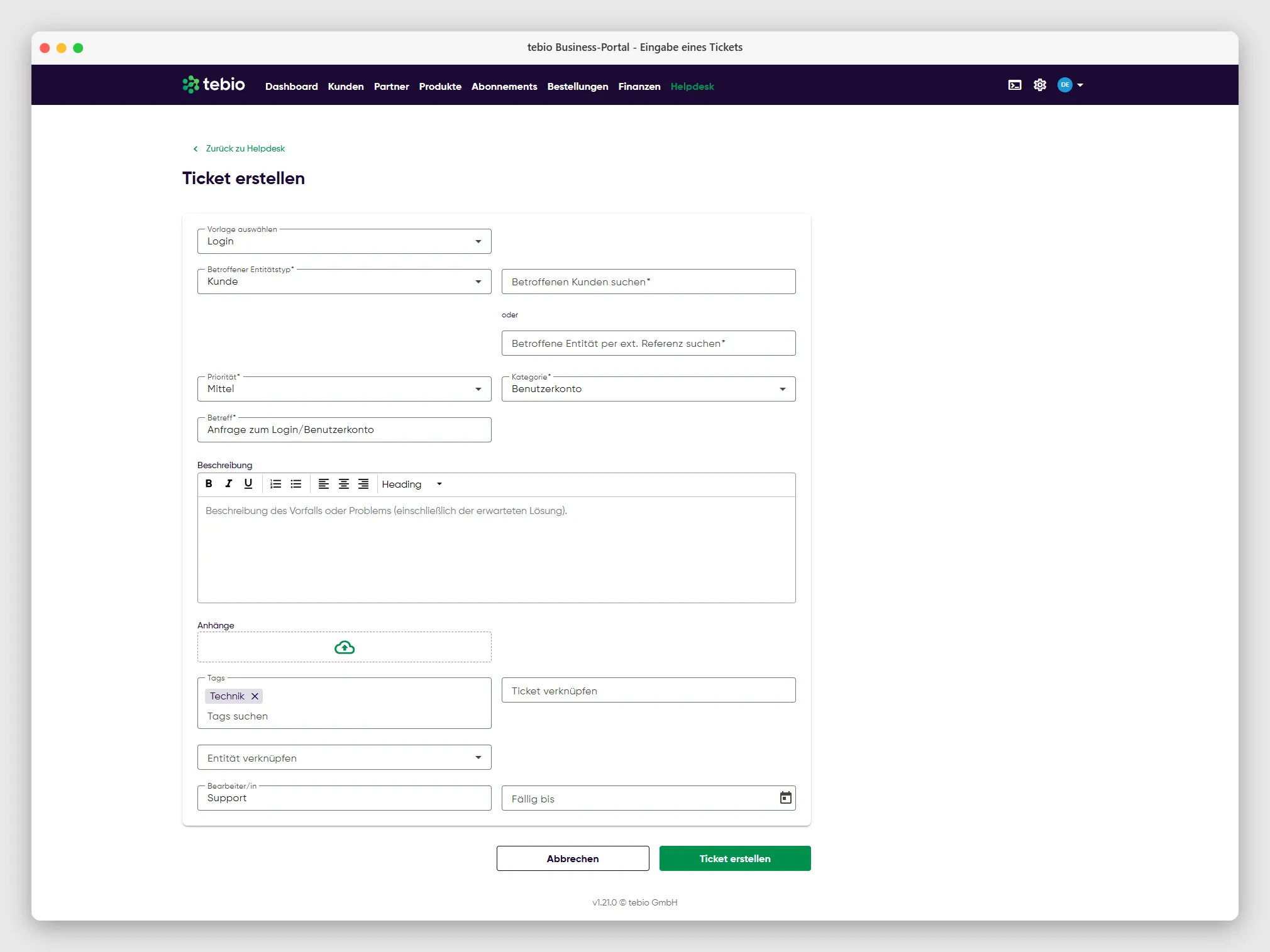 Helpdesk-Ticket Details erfassen