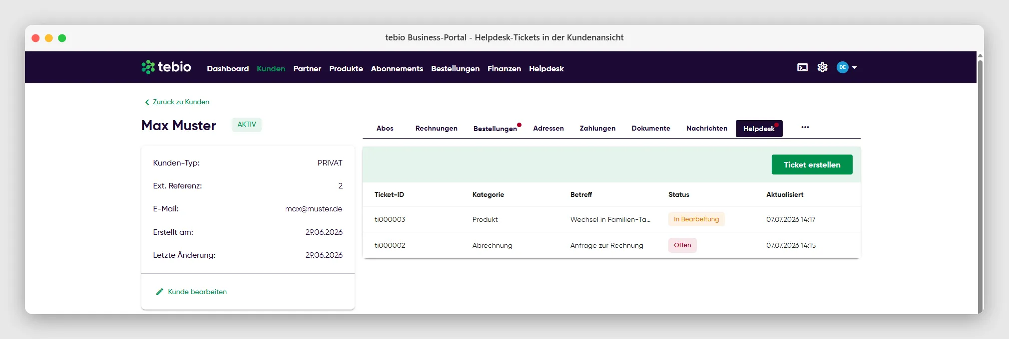 Helpdesk-Tickets in der Kundenansicht