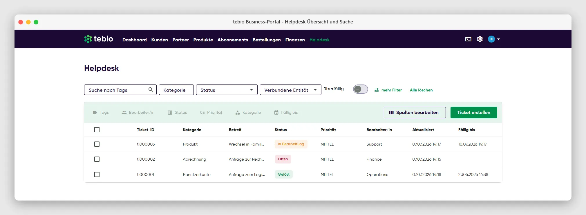 Helpdesk in der Übersicht und Suche nach Tickets