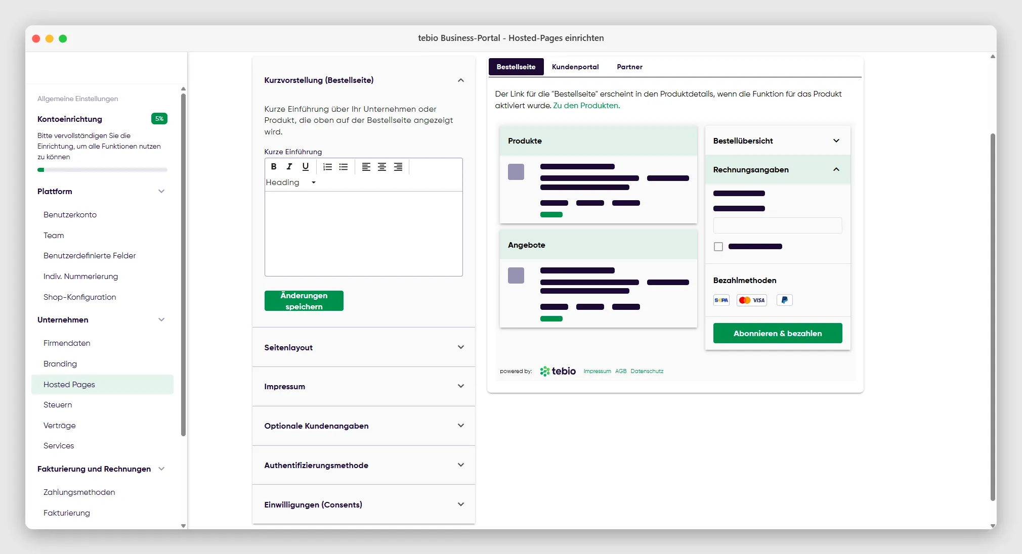 Hosted-Pages für das tebio Subscription Management einrichten