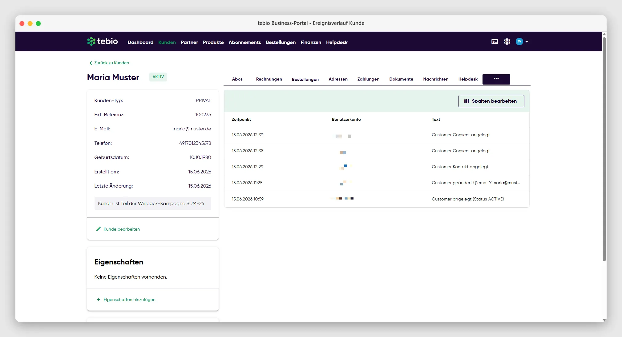Ereignisverlauf eines Kunden im tebio Subscription Management System