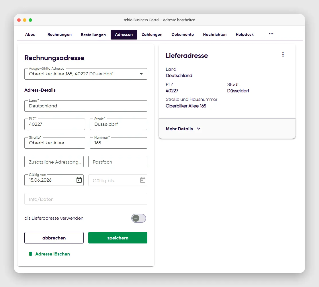 Rechnungsadresse für neuen Kunden erfassen