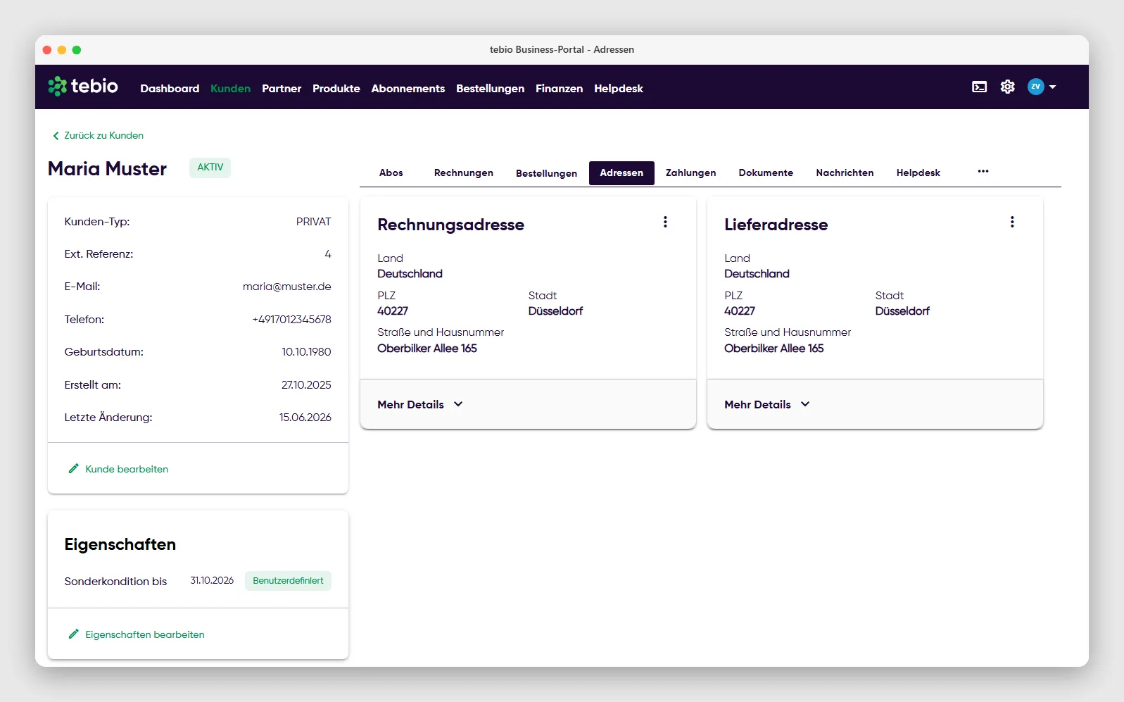 Übersicht der hinterlegten Kundenadressen im tebio Subscription Management Portal
