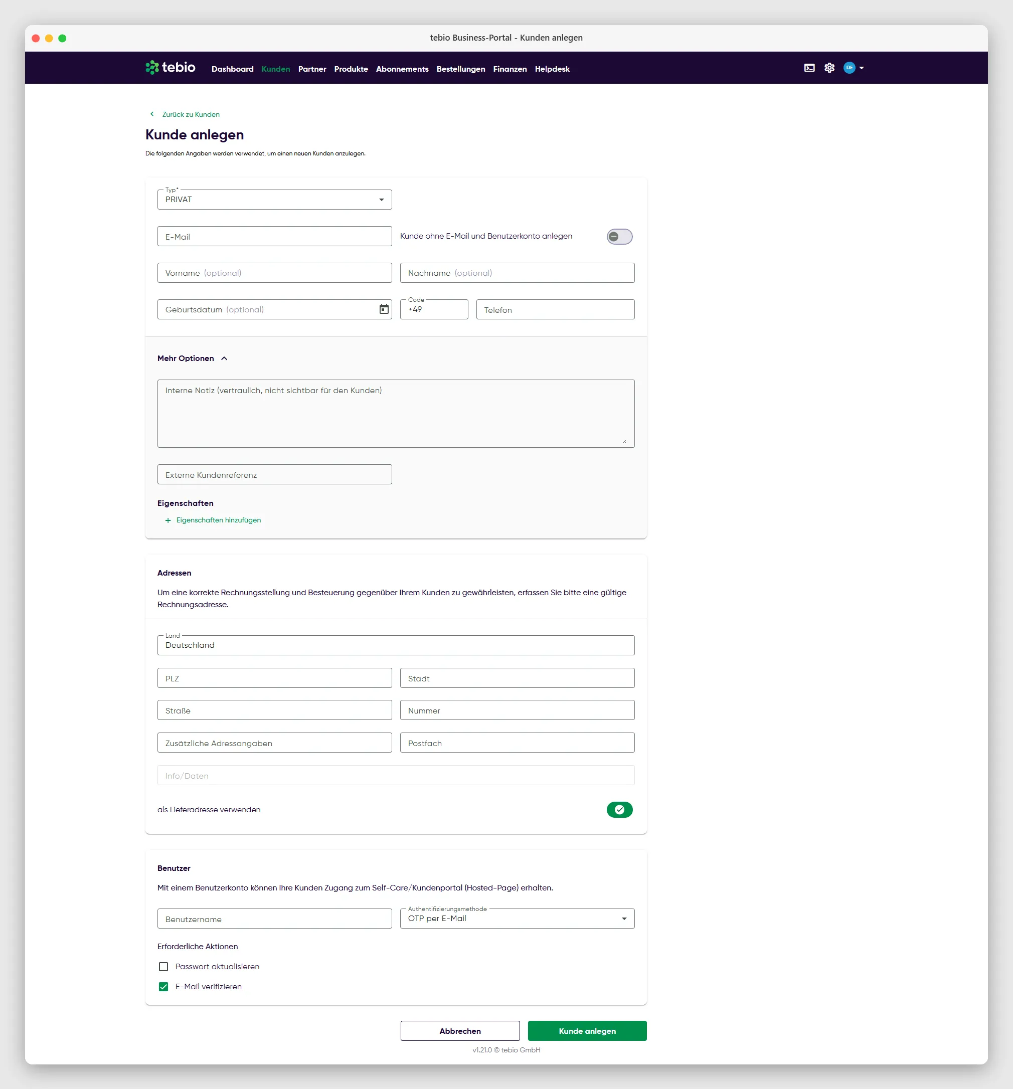 Einen Privatkunden im tebio Business-Portal anlegen