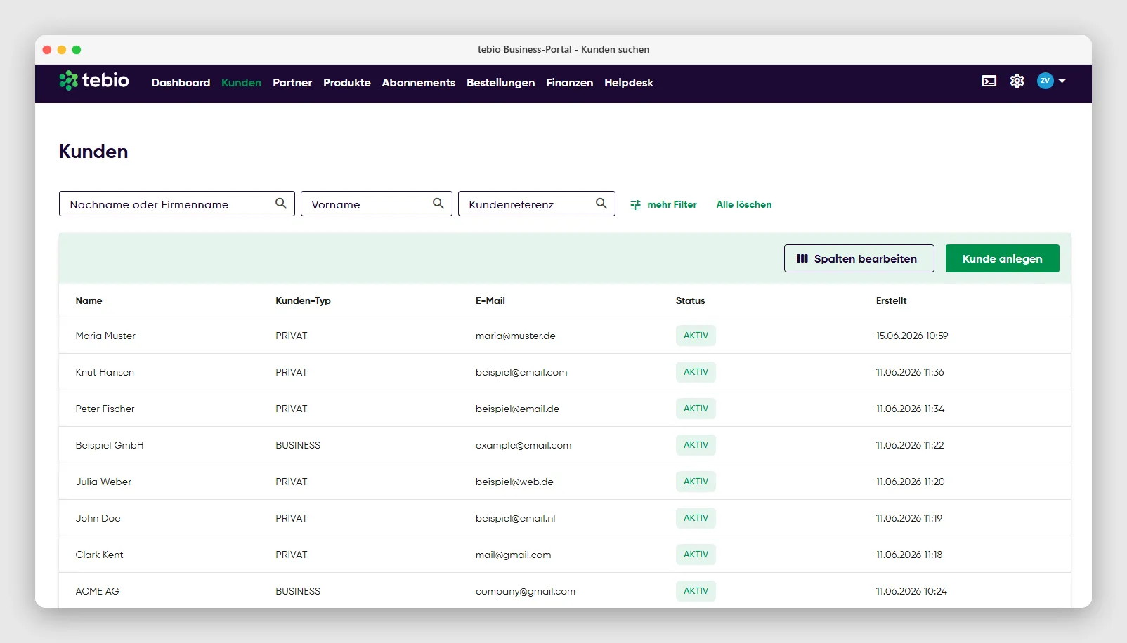 Kundenansicht im tebio Business-Portal