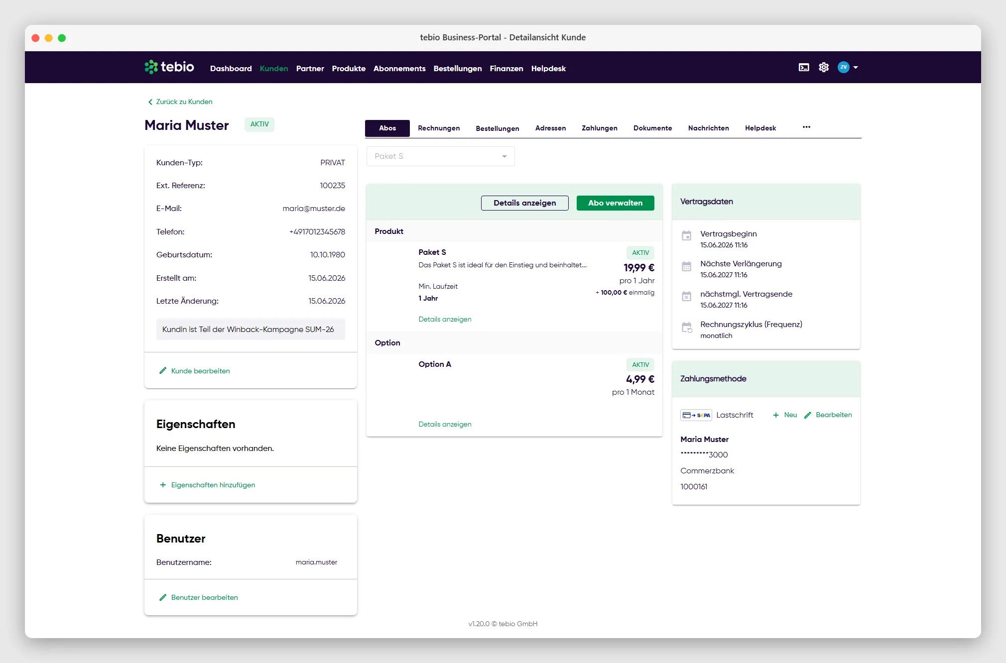 Detailansicht eines Kundenprofils im tebio Subscription Management System
