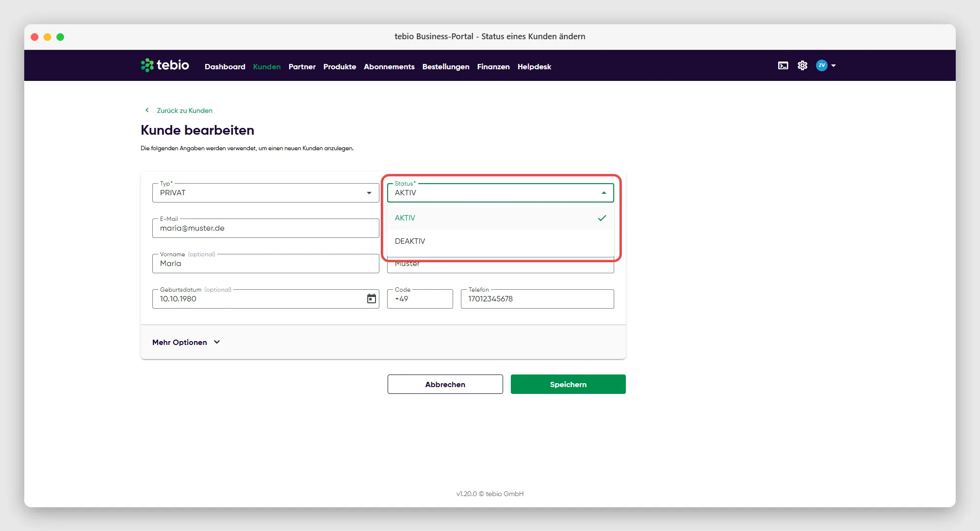 Dropdown-Menü zur Änderung des Kundenstatus auf Aktiv oder Gesperrt