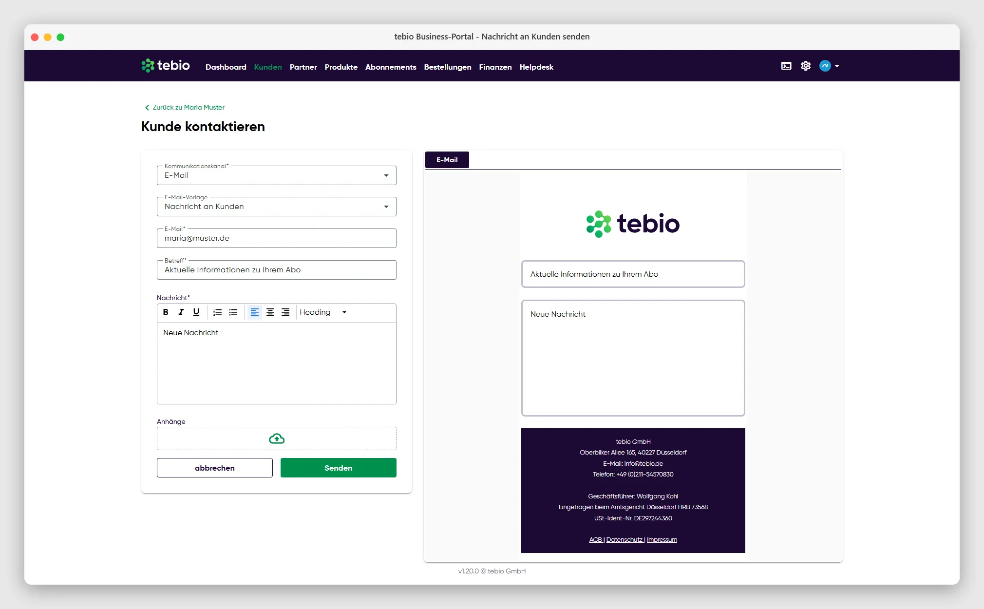 Nachrichten-Formular der tebio Plattform mit dynamischer Live-Vorschau