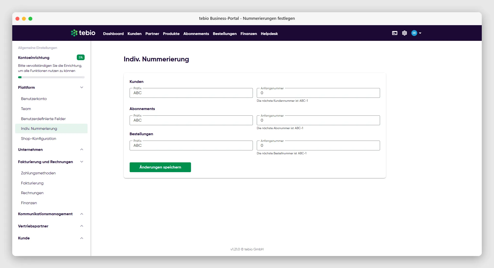 Nummerierungen festlegen in den Allgemeinen Einstellungen