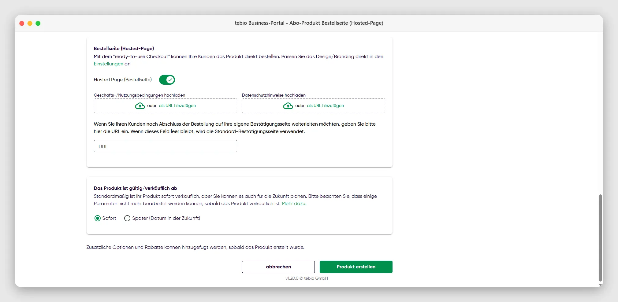 Hosted Page für ein neues Abo-Produkt festlegen