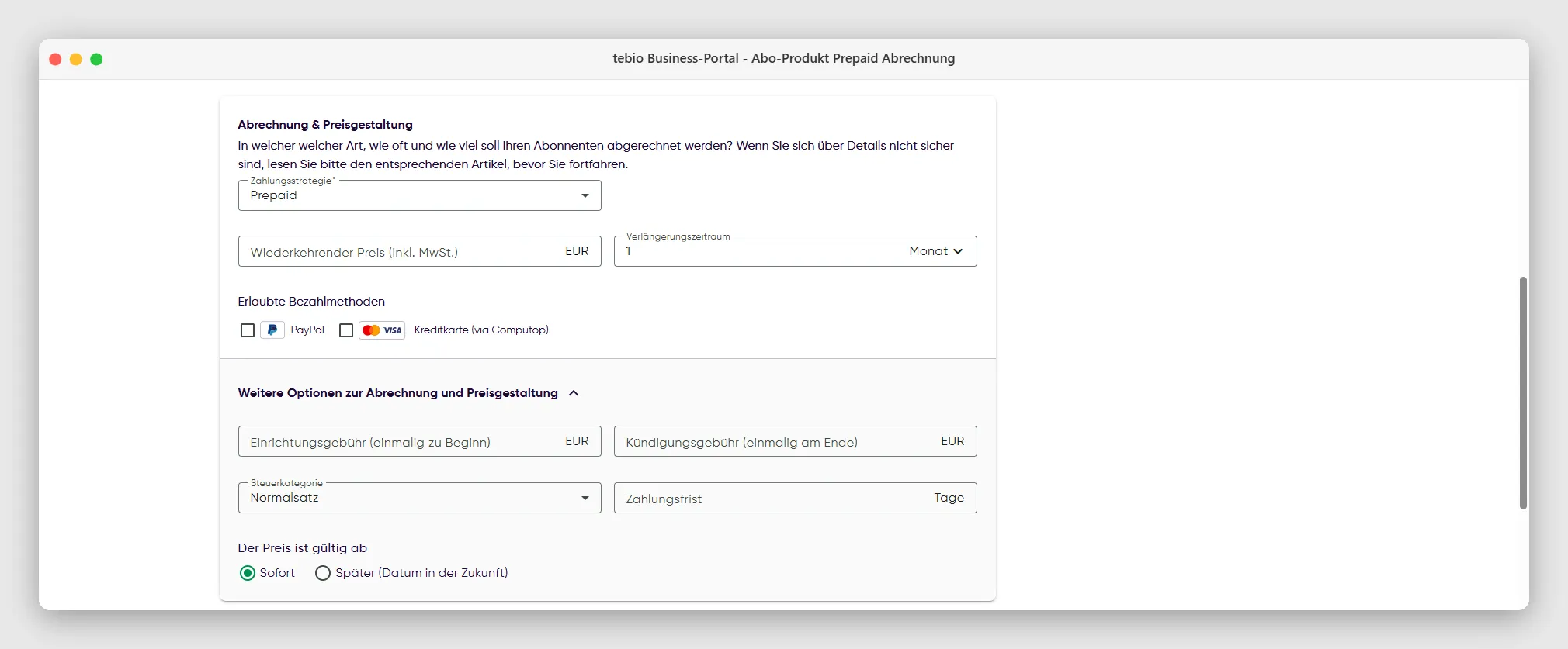 Anlage eines neuen Produktes mit Prepaid-Abrechnung