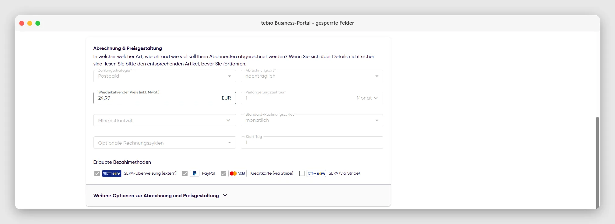 Gesperrte Felder bei aktivem Abo-Produkt