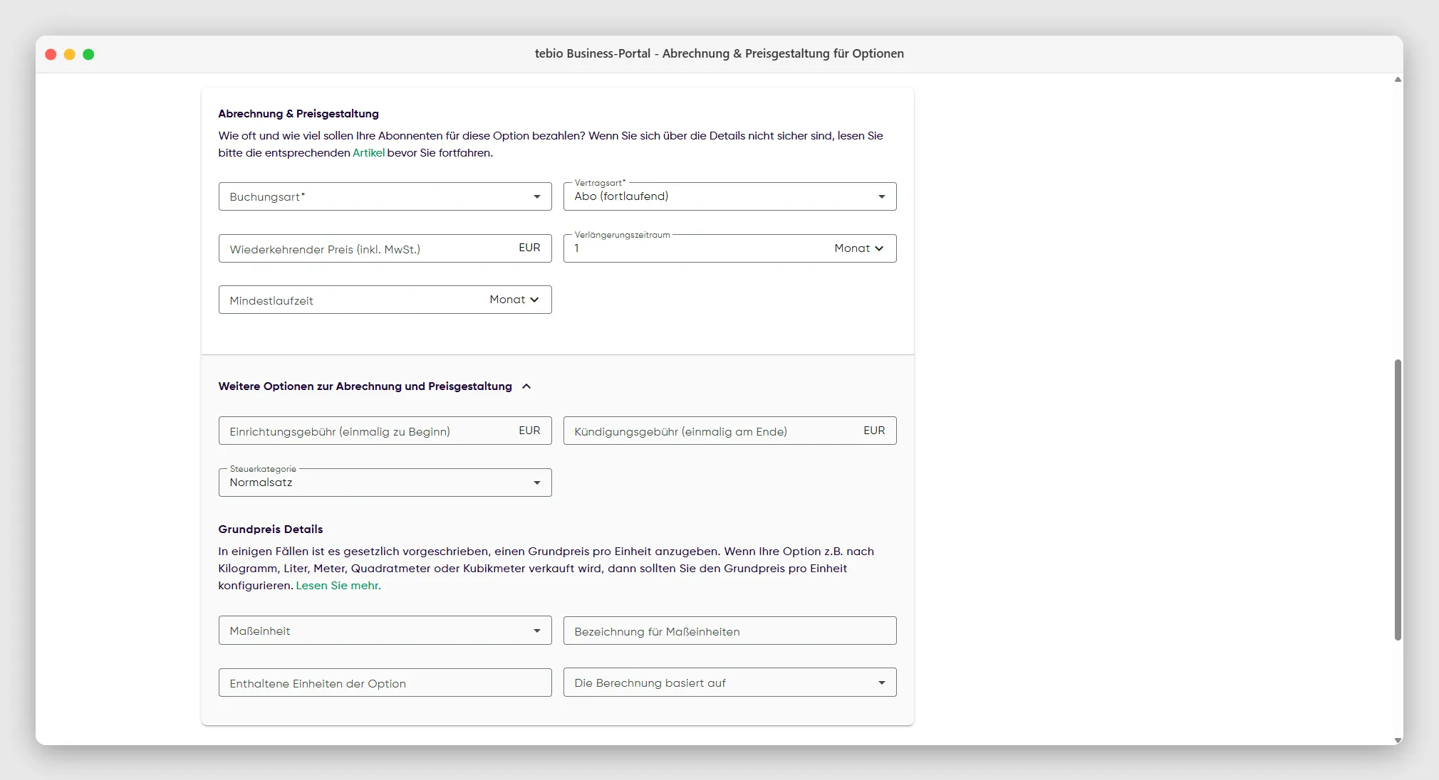 Details zu einer neuen Produkt-Option festlegen
