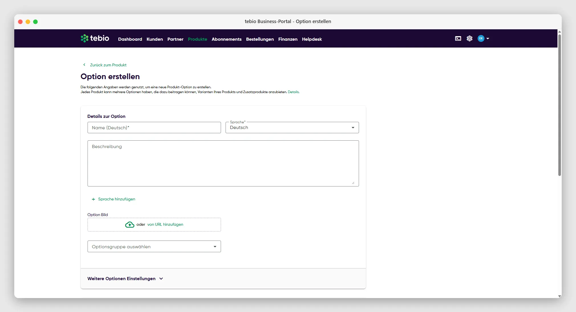 Details zu einer neuen Produkt-Option festlegen