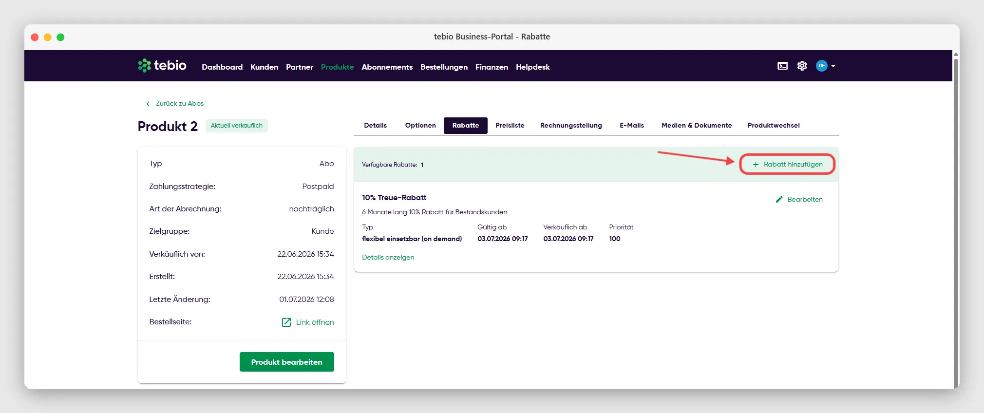 Rabattübersicht im tebio Business-Portal