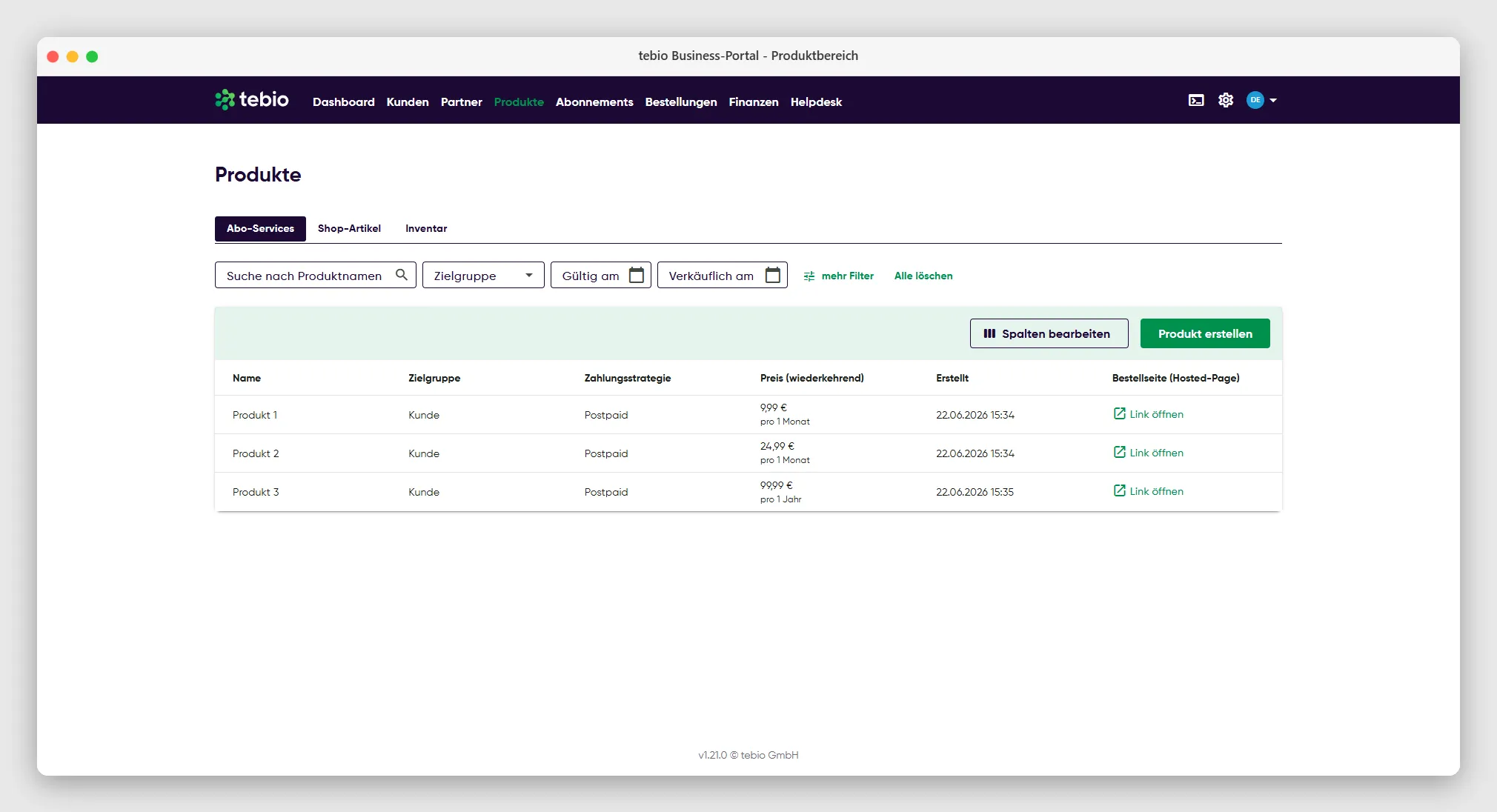 Produktebreich im tebio Business-Portal