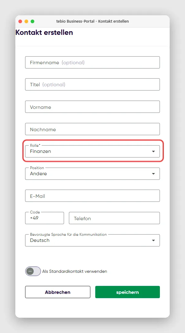 Formular zur Anlage eines Rechnungskontakts mit Rolle und Position