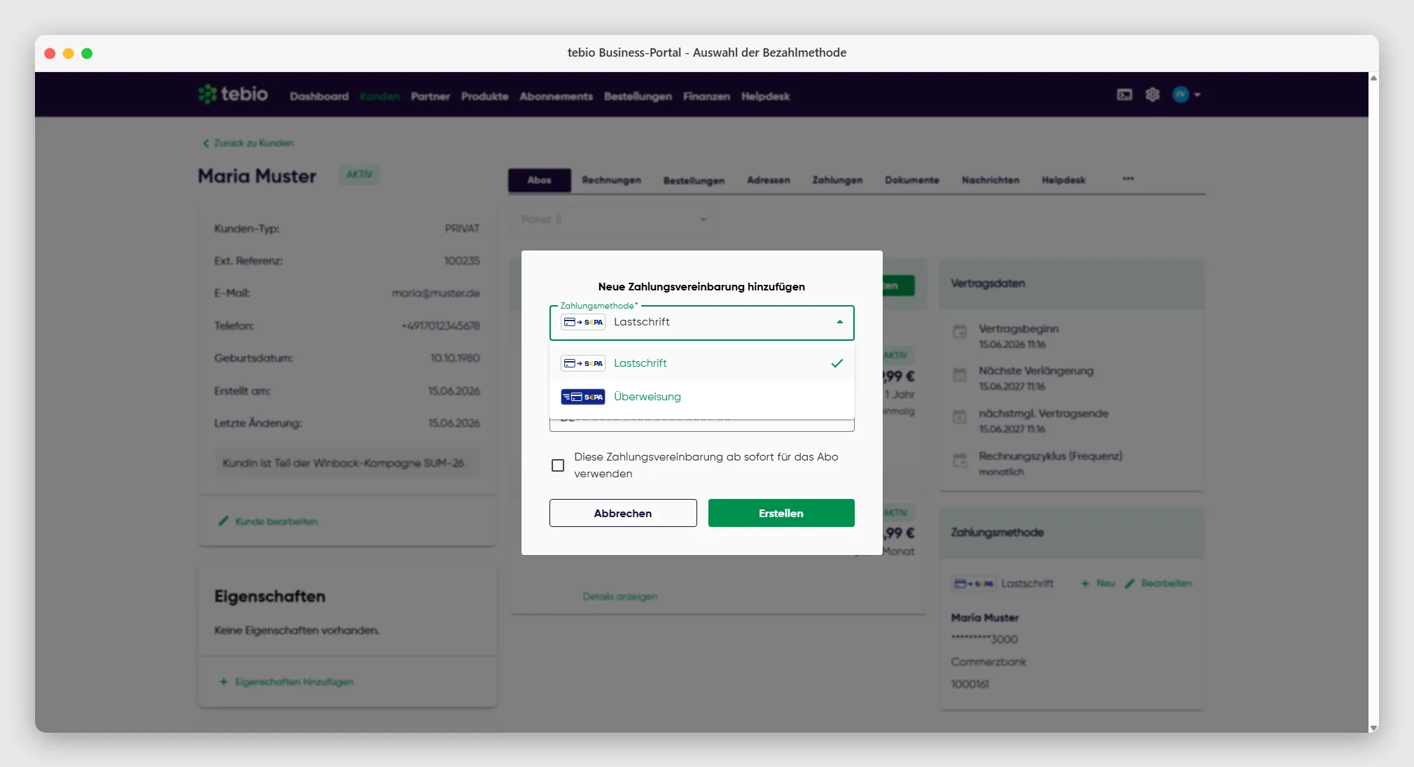 Auswahl der verfügbaren Zahlungsarten für das Recurring Billing