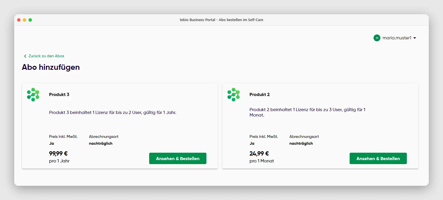 Produktauswahl im Self-Care Portal