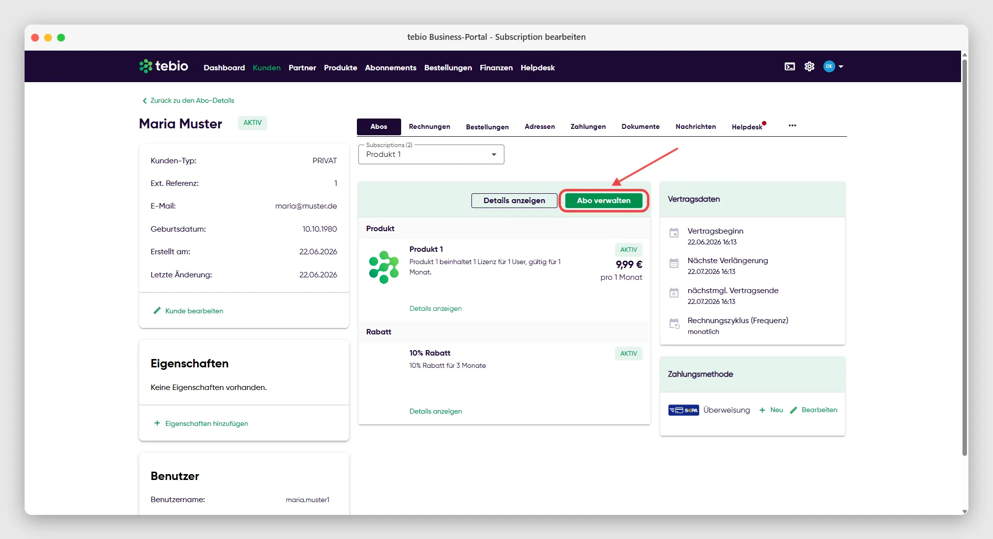 Kommerzielle Details einer Subscription ändern über Abo verwalten