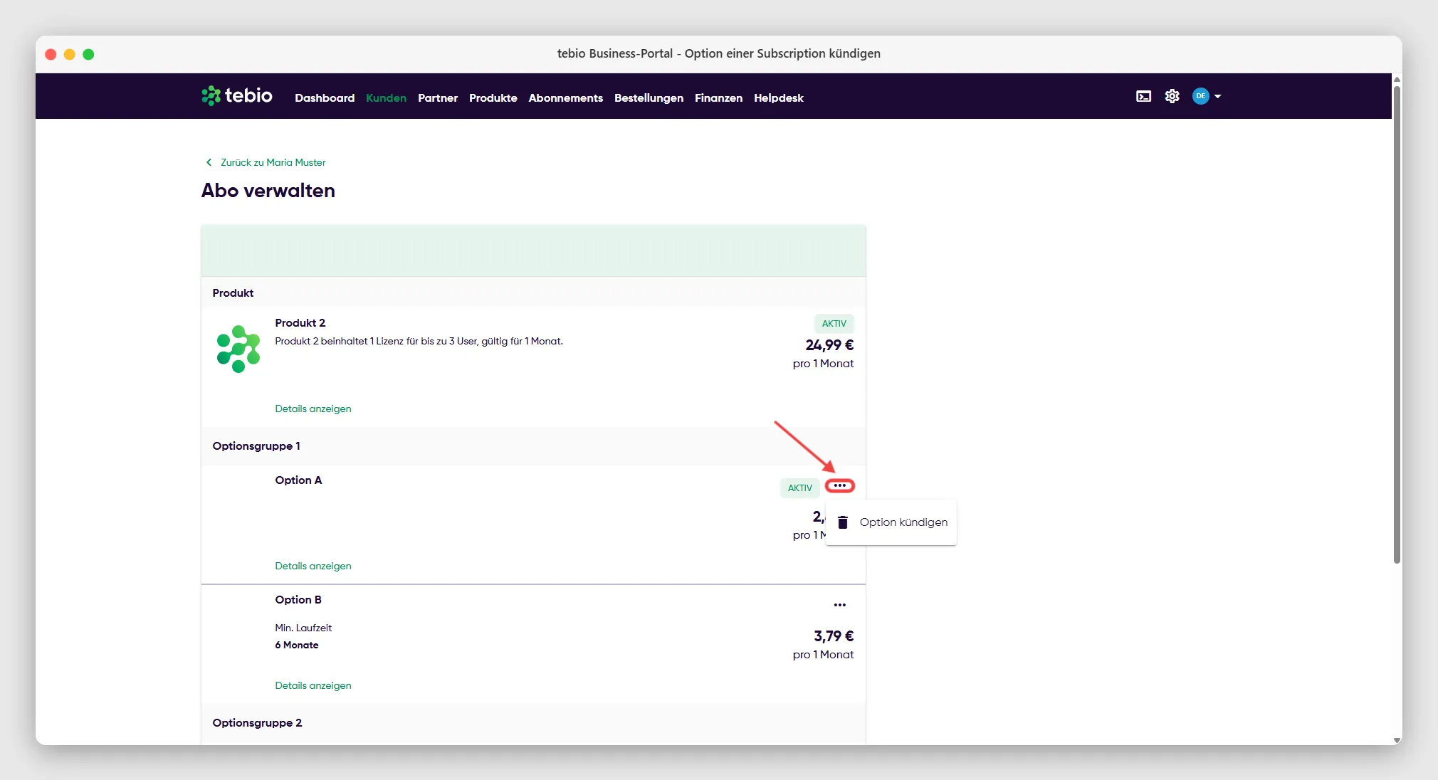 Option einer Subscription kündigen