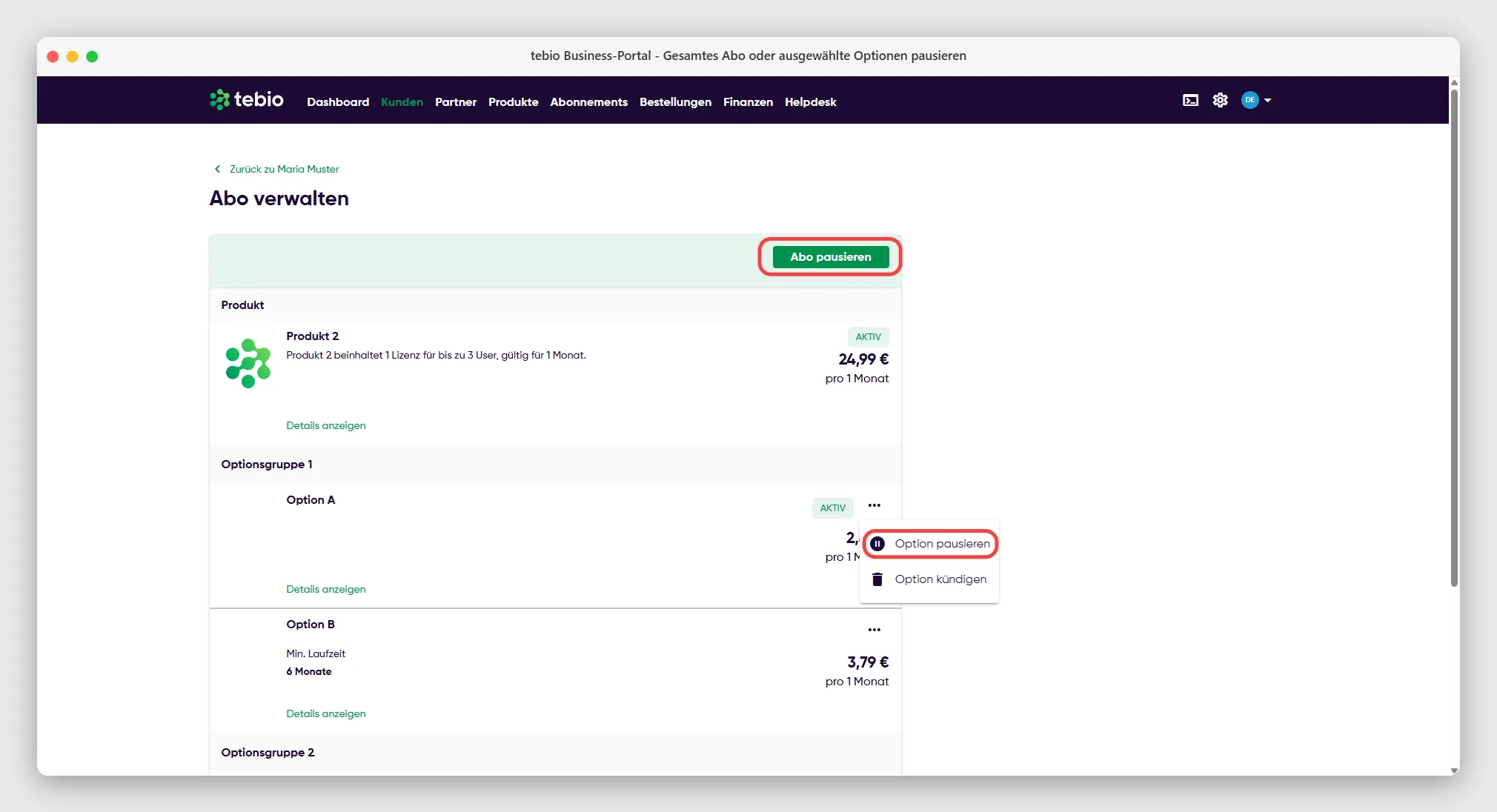 Option einer Subscription pausieren