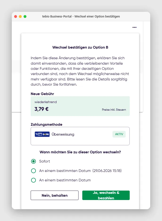 Optionswechsel einer Subscription bestätigen
