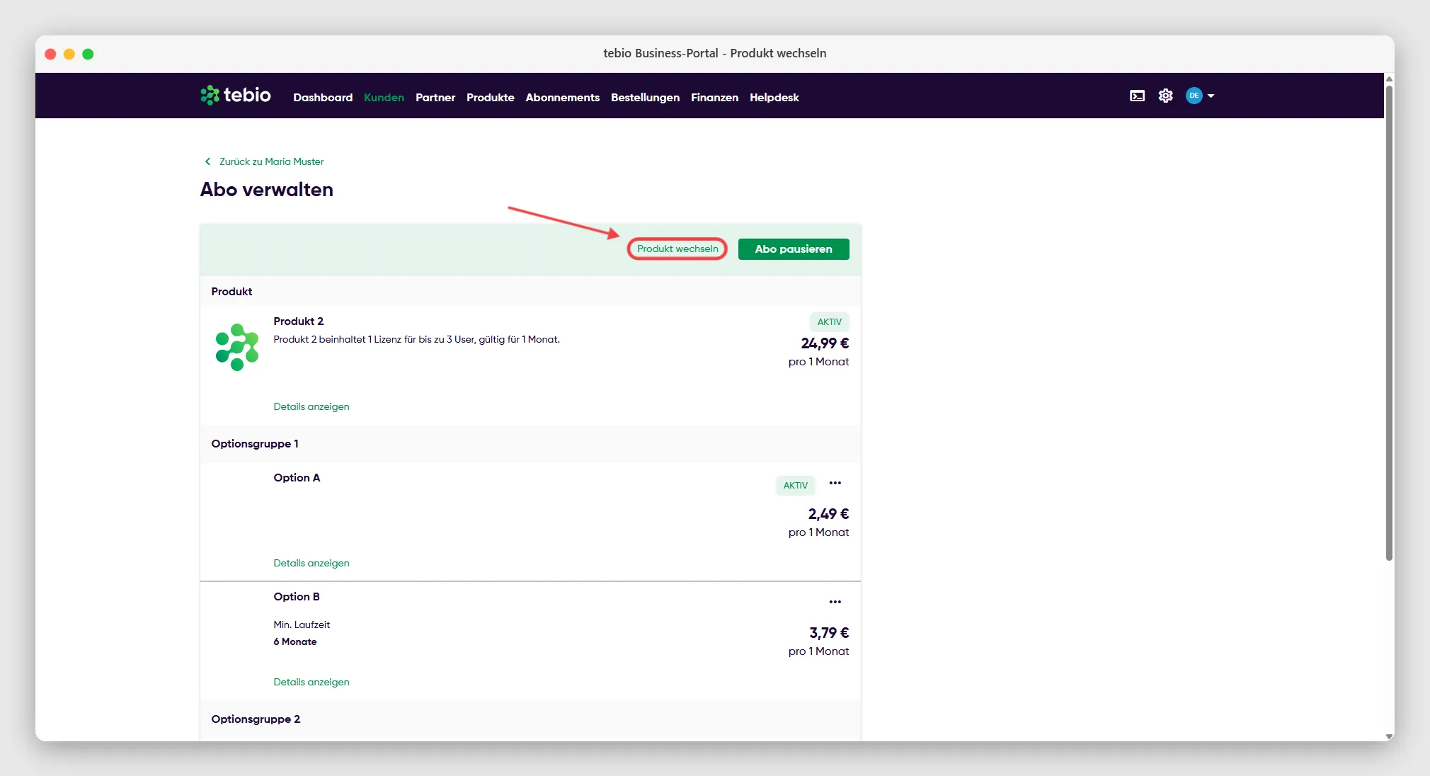 Produkt wechseln für eine Subscription