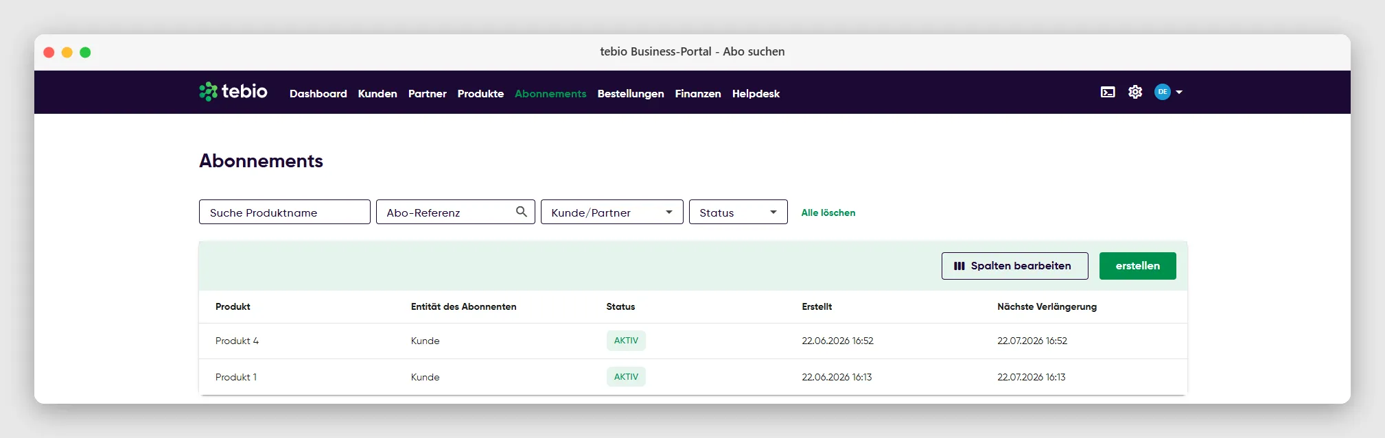 Suche nach einer Subscription im tebio Business-Portal