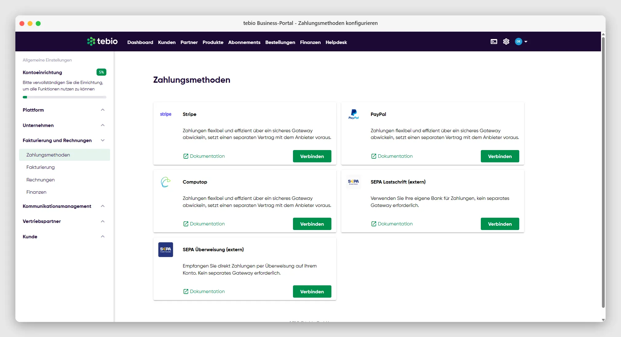 Konfiguration der Zahlungsmethoden im Bereich Allgemeine Einstellungen